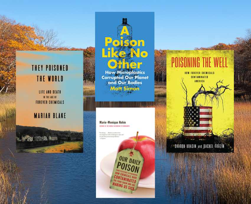 Book covers against a background of a wetland