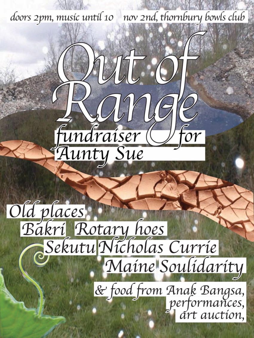Poster for 'Out of Range' Fundraiser for Aunty Sue event, 02/11/2025
