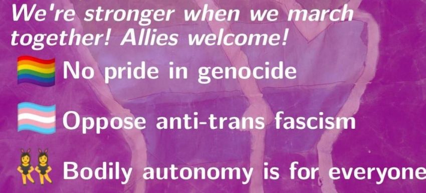 Graphic for Stronger Togther/Queer Art Club at Pride March contingent 01/11/2025