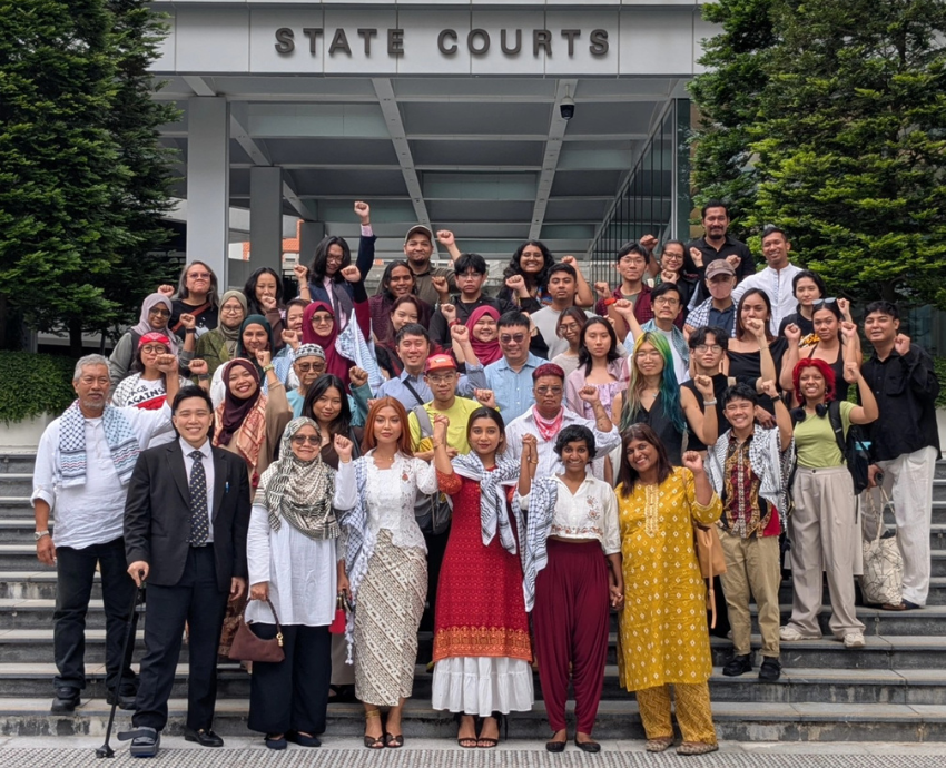 People assembled outside a building