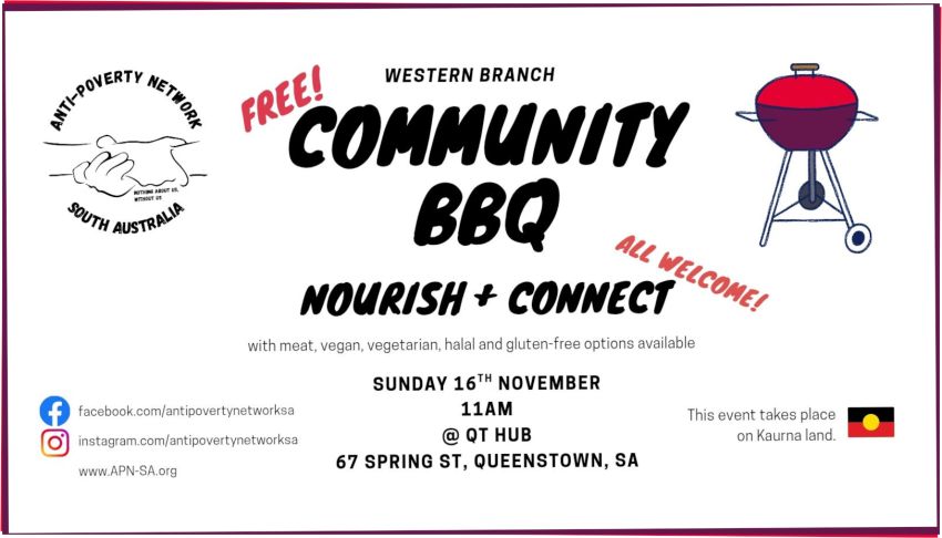 Graphic for APN-SA Western Branch Community BBQ 'Nourish and Connect' on 16/11/2025 QT Hub Queenstown.