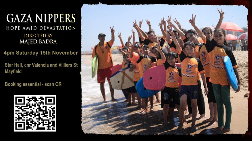 Graphic for film screening of Gaza Nipper: Hope Amid Devasation on 15/11/2025 in Muloobinba (Newcastle)
