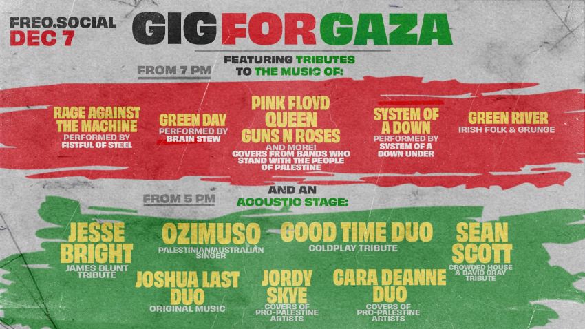Slide listing the artists who will be playing at the Gig for Gaza