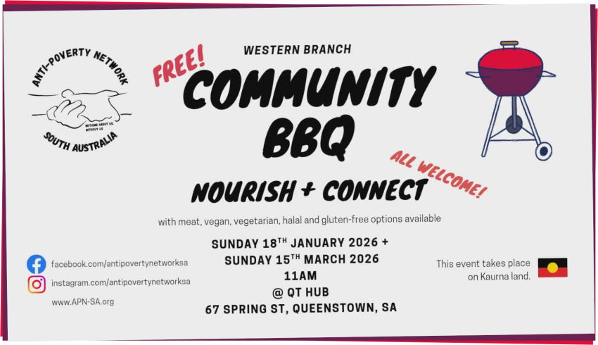 Graphic for events 'Community BBQ Nourish and Connect #2' on 18/01/2026 and 'Community BBQ Nourish and Connect #3' on 15/03/2025 in Queenstown, Kaurna Yerta