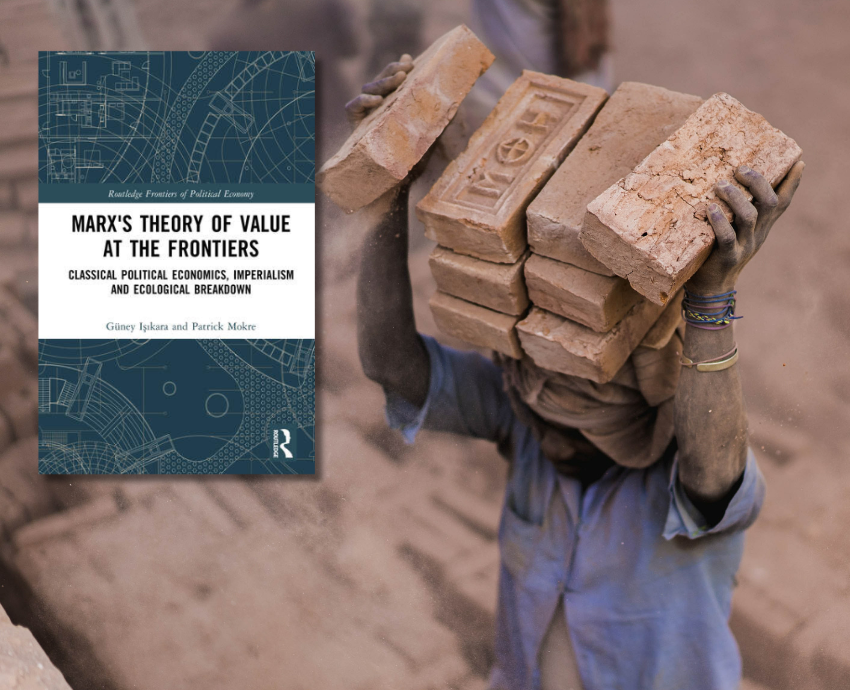 Book cover overlaid on a picture of a worker carrying bricks