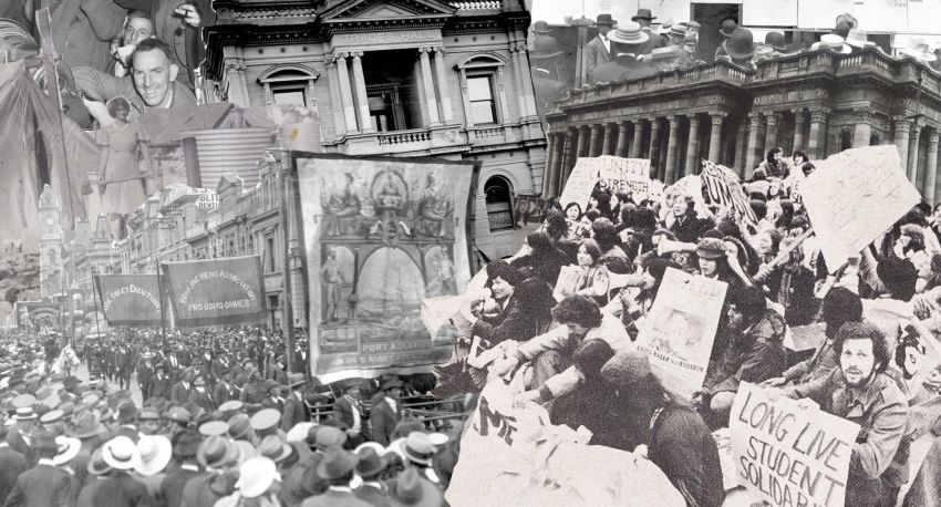 Collage of archival black and white labour history photos