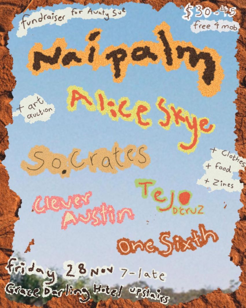 Poster for No Rockets Over Rockholes fundraiser for Aunty Sue on 28/11/2025 at Grace Darling Hotel, collingwood