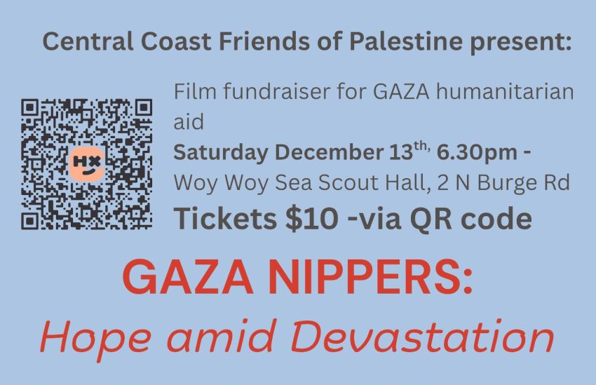 Graphic for event Film & Fundraiser – Gaza Nippers: Hope Amid Devastation, 13/12/2025 Woy Woy
