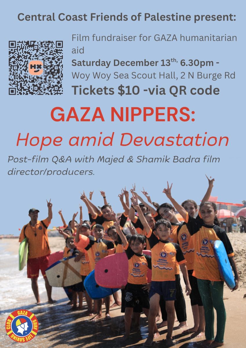 Poster for event Film & Fundraiser – Gaza Nippers: Hope Amid Devasation on 13/12/2025 in Woy Woy
