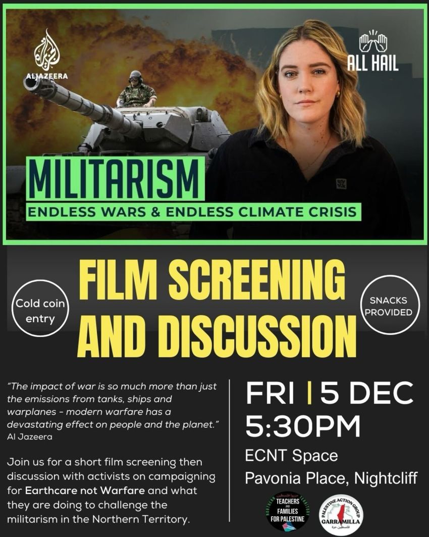 Poster for event Film Screening & Disucssion: Militarism - Endless Wars & Endless Climate Crisis, 05/12/2025 Nightcliff