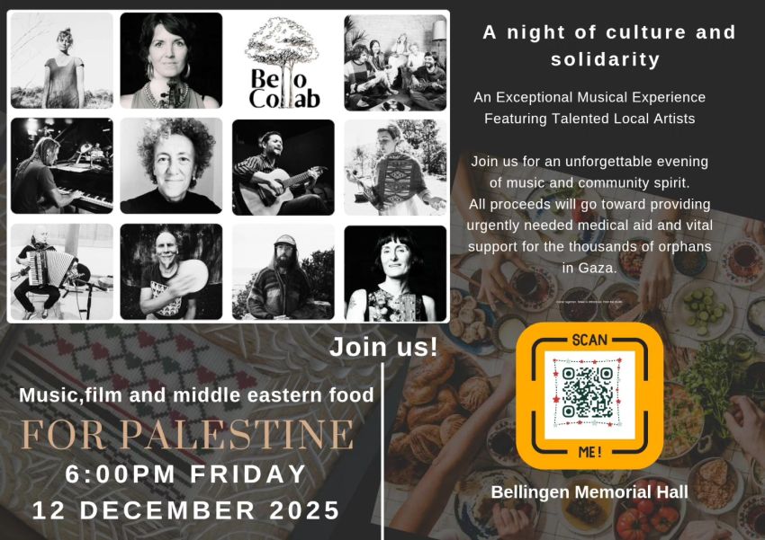 Graphic for event Music, Films & Food for Palestine, 12/12/2026, Bellingen Memorial Hall