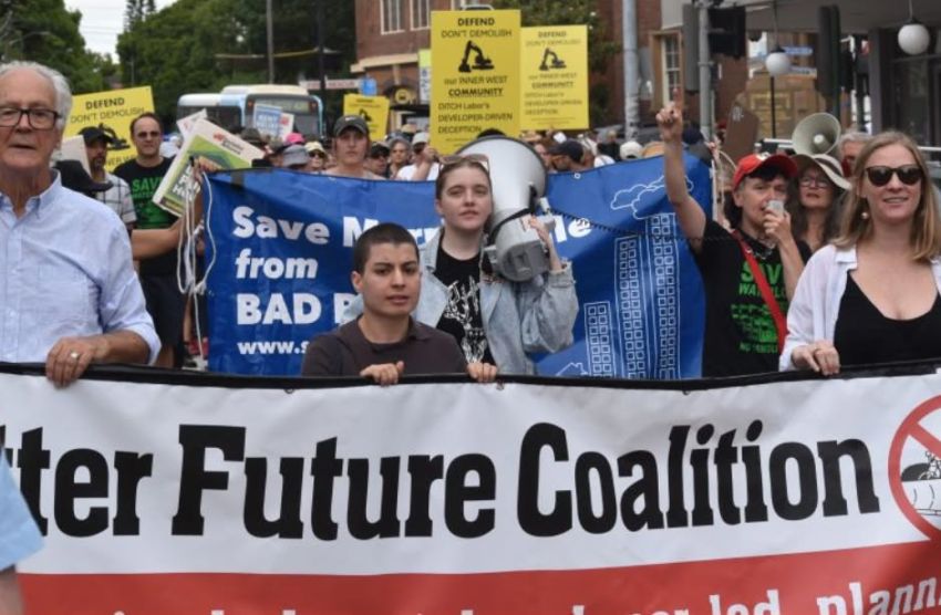 Cropped photo of rally to defend public housing in Sydney, Gadigal Country