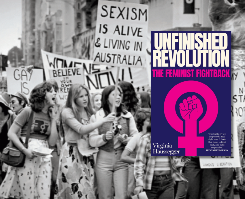 Book cover against historic photo of 1970's women's liberation march