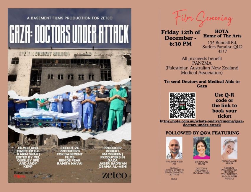 Graphic for event Film screening - Gaza: Doctors Under Attack, 12/12/2025 Surfers Paradise