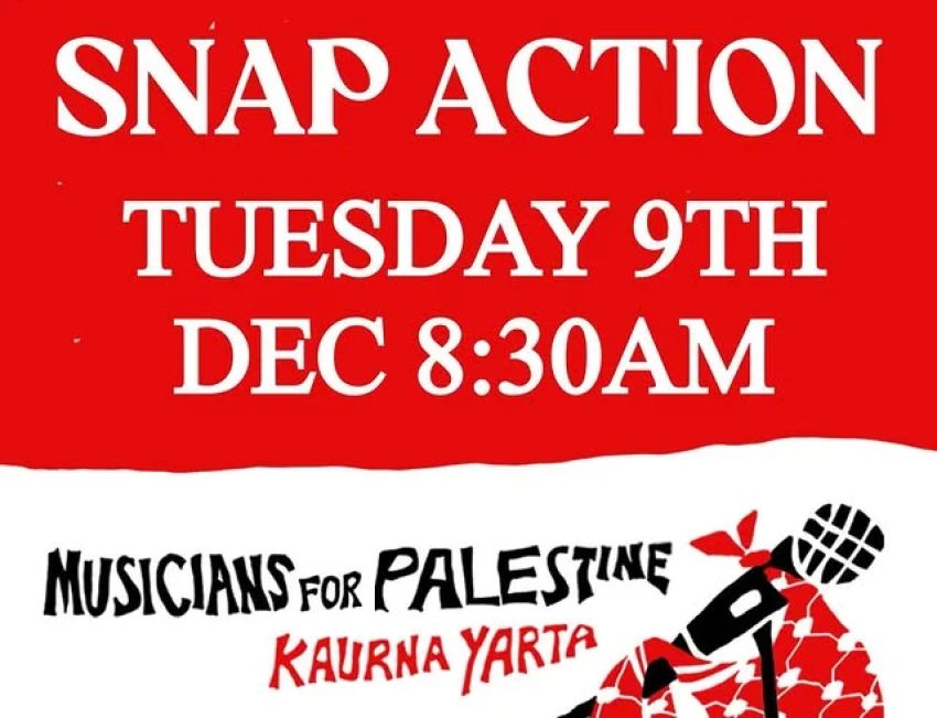 Graphic for event Sanp action: Cut the mic on genocide - Boycott Genocide, 8:30am 09/12/2025 Collinswood
