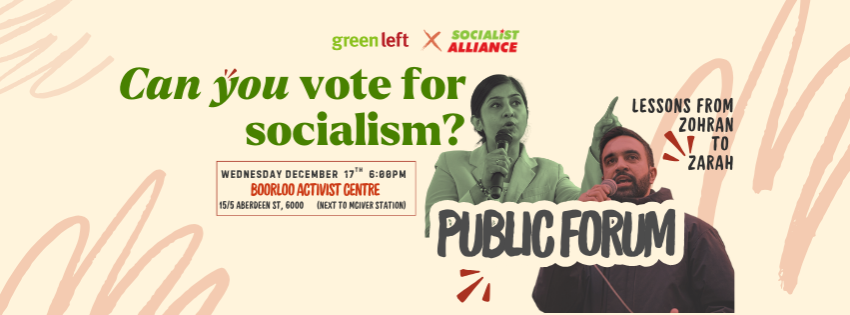 Image of Zohran Mamdani and Zarah Sultana in slide advertising public forum