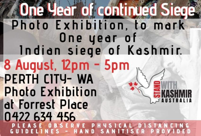 Graphic for photo exhibition One year of Indian siege of Kashmir, 08/08/2020 Forrest Place Boorloo