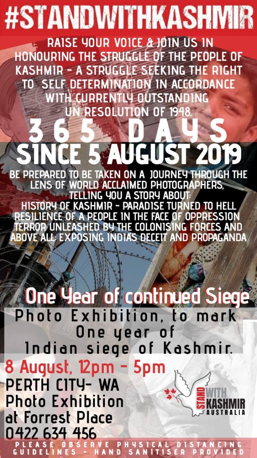 Poster for event One year of Indian siege of Kashmir: Photo exhibition, 08/08/2020 Forrest Place Boorloo