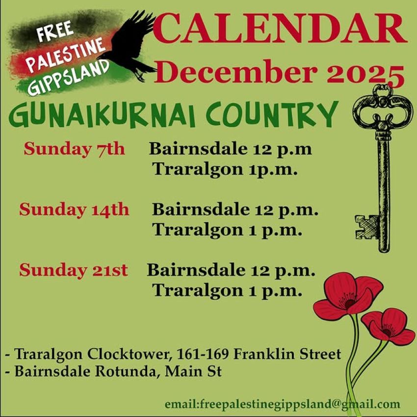 Graphic for Free Palestine Gippsland's December 2025 events