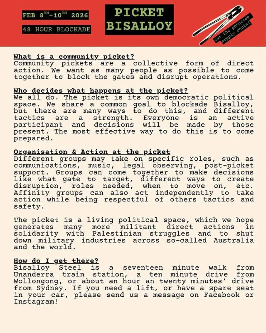Leafet back for event Picket Bisalloy 48 hour blockade 08/02/2026 to 10/02/2026 Unanaderra