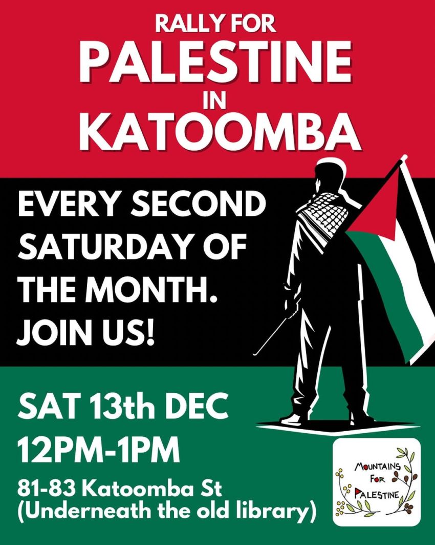 Poster for event Rally for Palestine in Katoomba, 13/12/2025