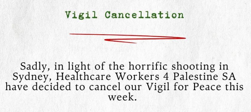 Cropped graphic of statement by Healthcare Workers 4 Peace SA on cancellation of Vigil for Peace event