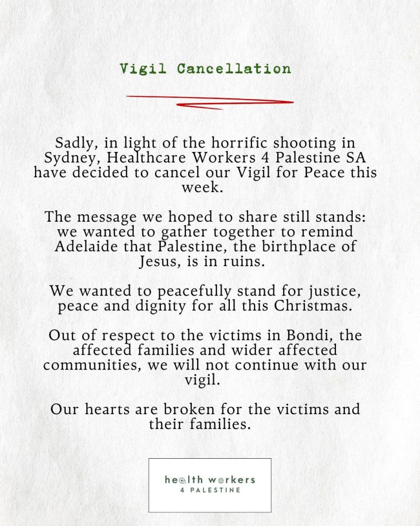 Graphic of statement issued by Healthcare Workers 4 Peace of cancellation of Vigil for Peace