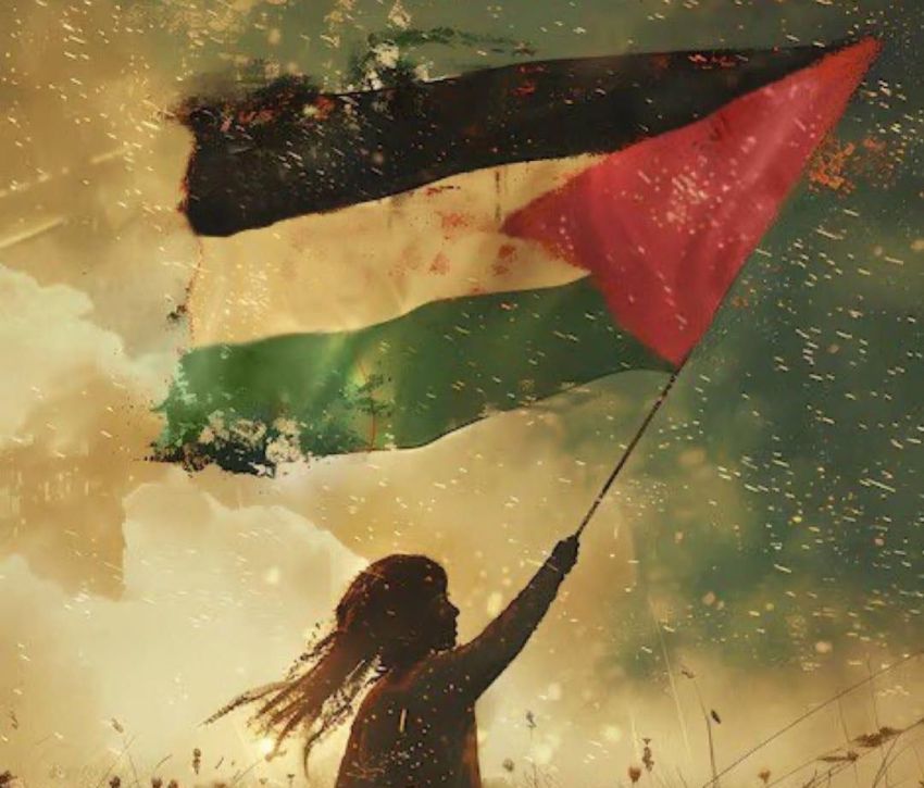 Artwork by unknown artist of child waving Palestinan flag