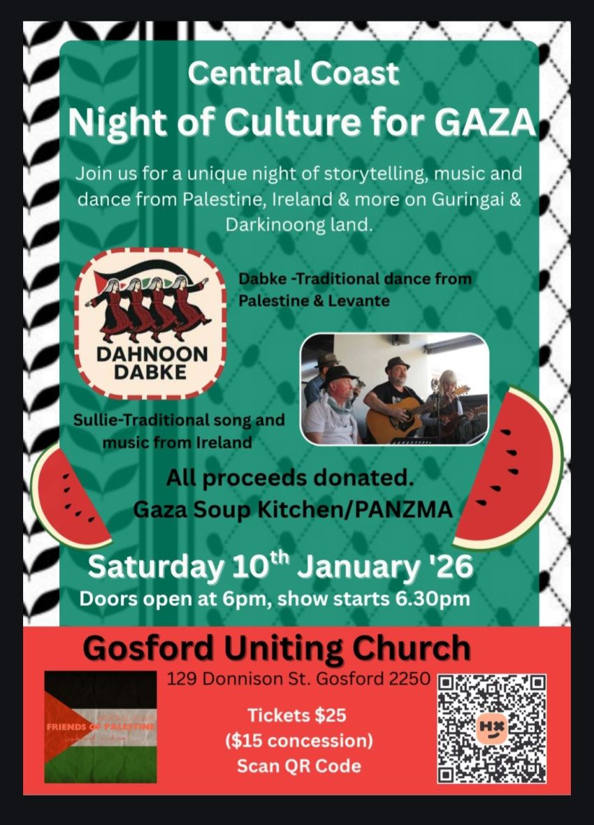 Poster for event Night of Culture for Gaza, 6pm 10/01/2026 Gosford Uniting Church