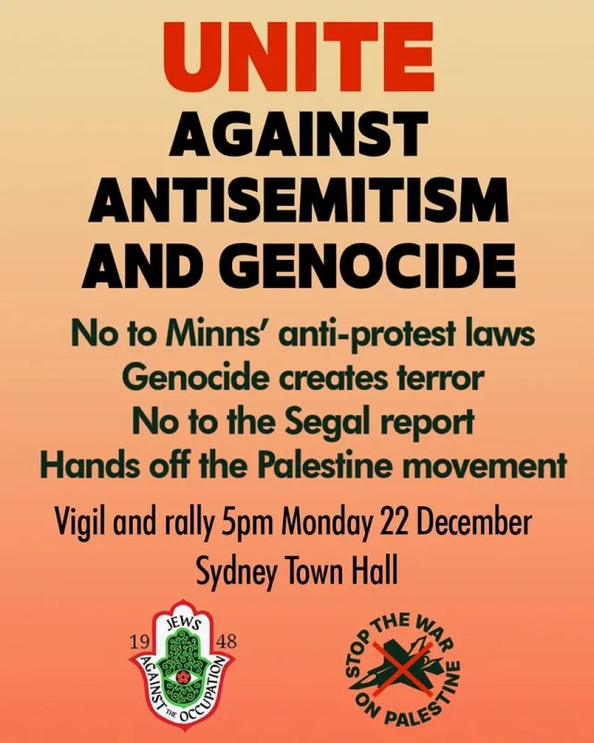 Poster for event Unite Against Antisemitism and Genocide 5pm 22/12/2025 Sydney Town Hall, Gadigal Country