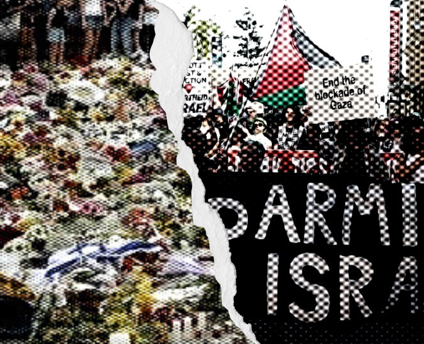 two images of floral tributes at Bondi and protest against Israel's war on Gaza