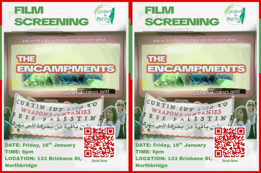 Graphic for film screening event: The Encampments, 6pm 16/01/2026 Northbirdge