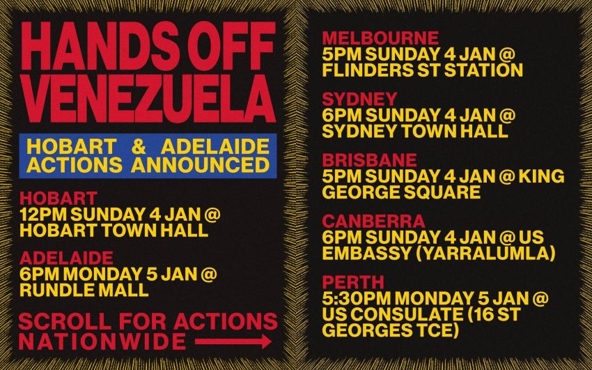 Graphic for event "Emergency Actions Across Australia: Hands Off Venezuela – Stop The Bombings"