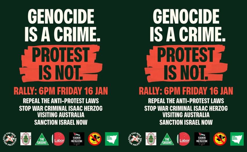 Graphic for event Genocide Is A Crime: Protest Is Not, 6pm 16/01/2026 Sydney Town Hall