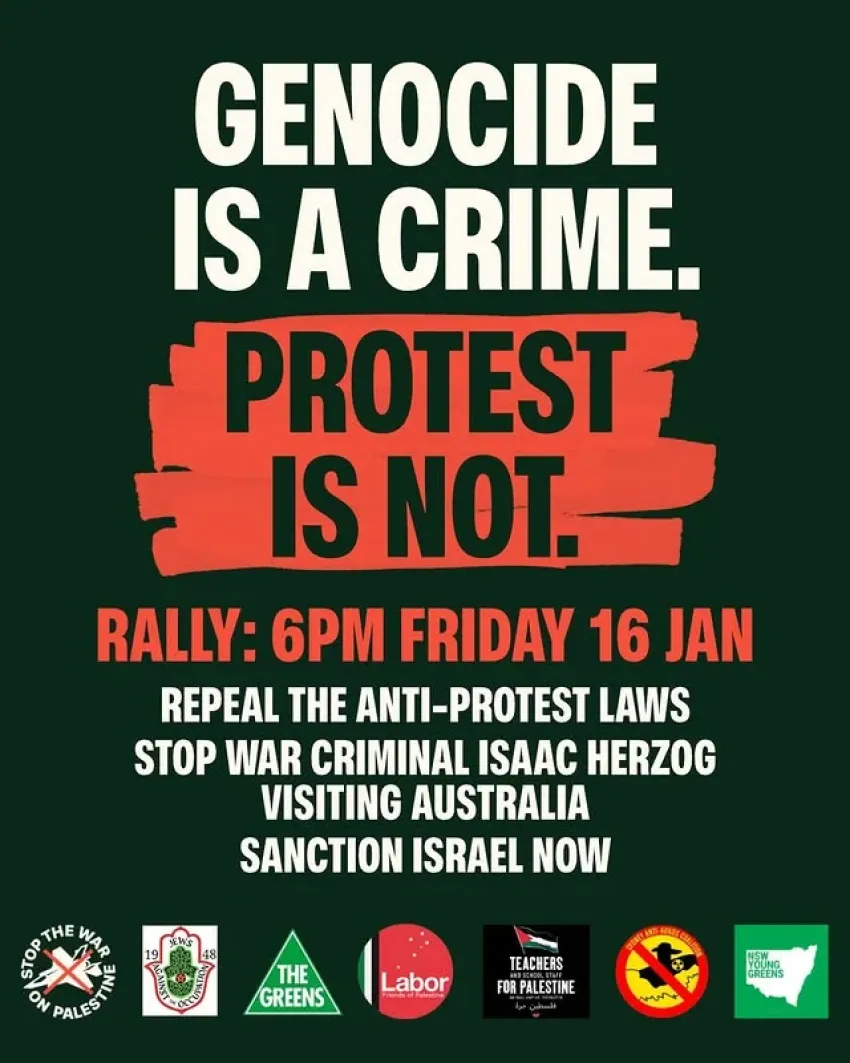 Poster for event Genicode Is A Crime: Protest Is Not 6pm 16/01/2025 Sydney Town Hall