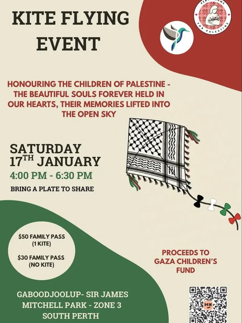 Poster for event: Kite Flying Honouring the Children of Palestine, Gaboodjoolup 17/01/2026