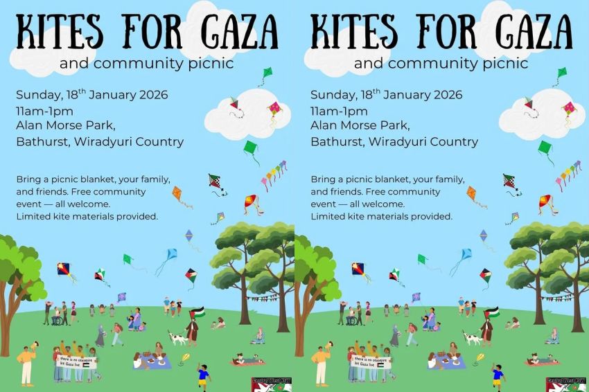 Graphic for event: Kites For Gaza and Community Picnic 11am-1pm 18/01/2026 Alan Morse Park Bathurst, Wirdayuri Country