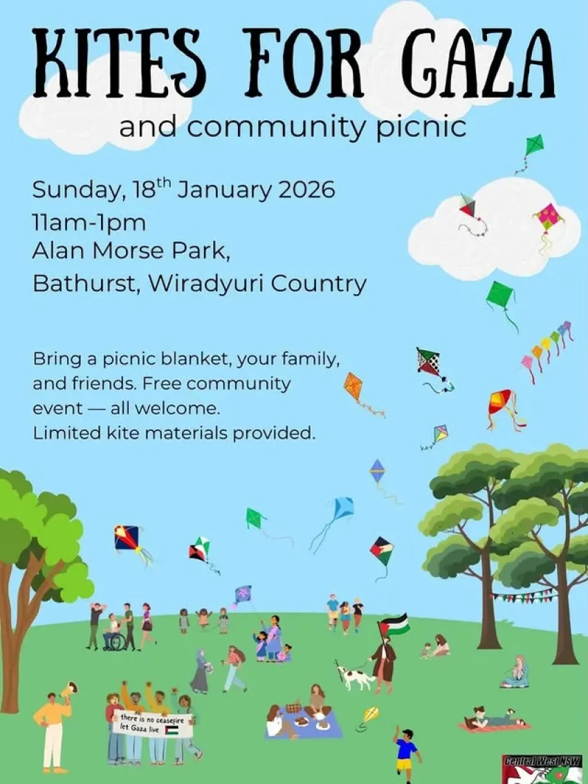 Leaflet for event: Kites For Gaza and Community Picnic 11am-1pm 18/01/2026 Alan Morse Park Bathurst, Wirdayuri Country