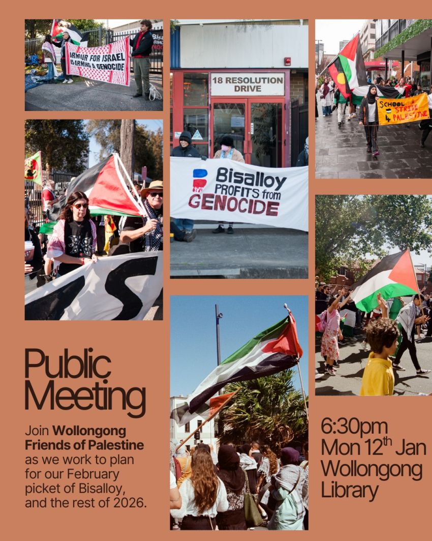 Poster for event Wollongong Friends of Palestine Public Meeting, 6:30pm 12/01/2024 Wollongong Library