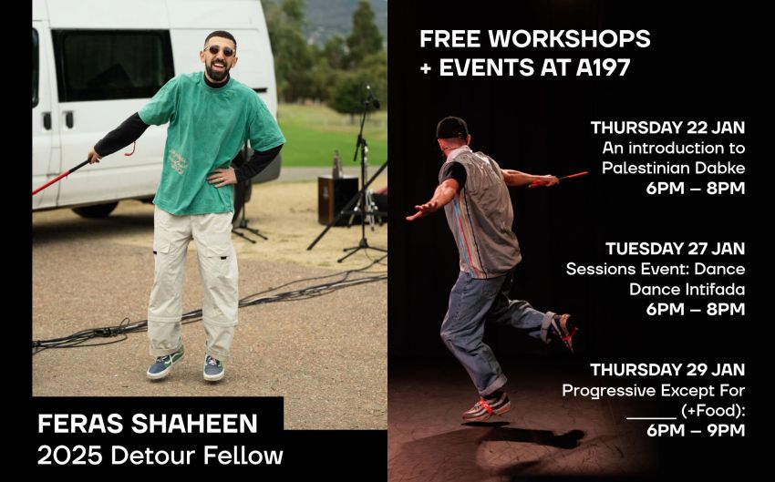 Graphic for upcoming events with Feras Shaheen