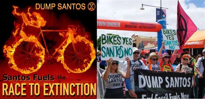 Graphic colage that says Santos Fuels The Race To Extinction