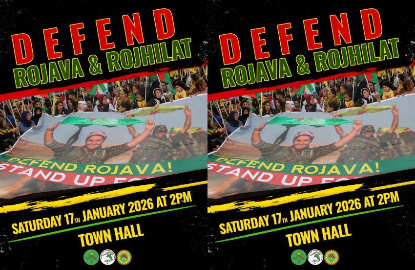 Graphic for protest event: Defend Rojava and Rojhilat! 2pm 17/01/2026 Sydney Town Hall Gadigal Country