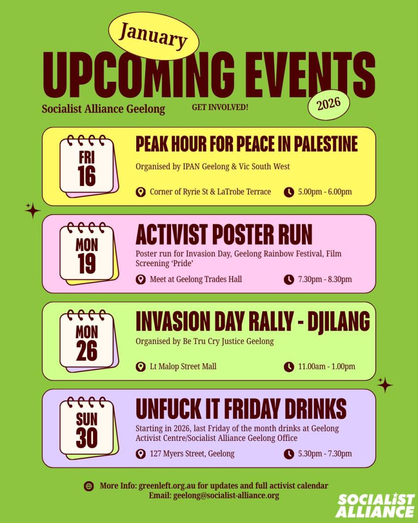 Graphic of upcoming activist events in Geelong, January 2026