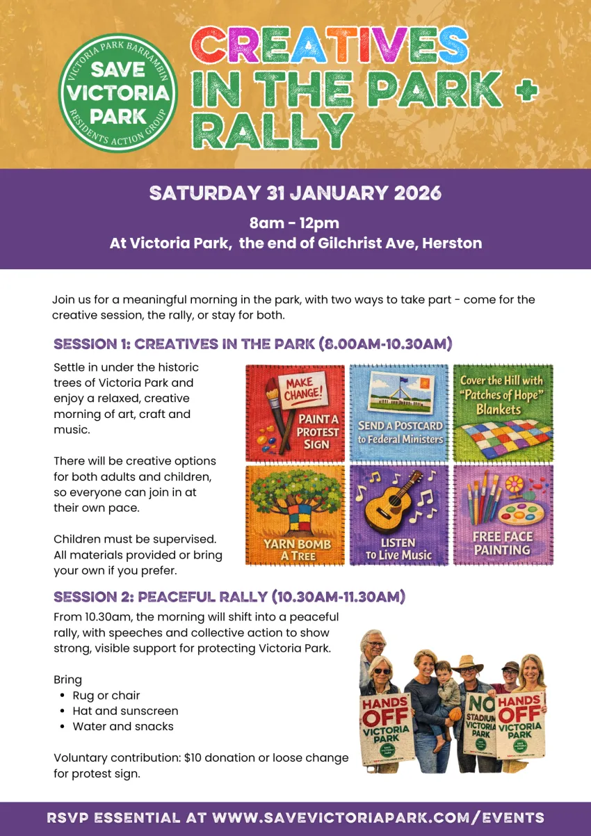 Poster for event: Save Victoria Park: Creatives in the Park + Rally, 8am-12pm Victoria Park, Herston 