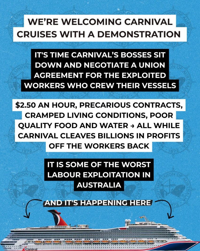 Poster for protest event Carnival Cruise Welcoming Party! 8am 21/01/2026 Station Pier Port Melbourne