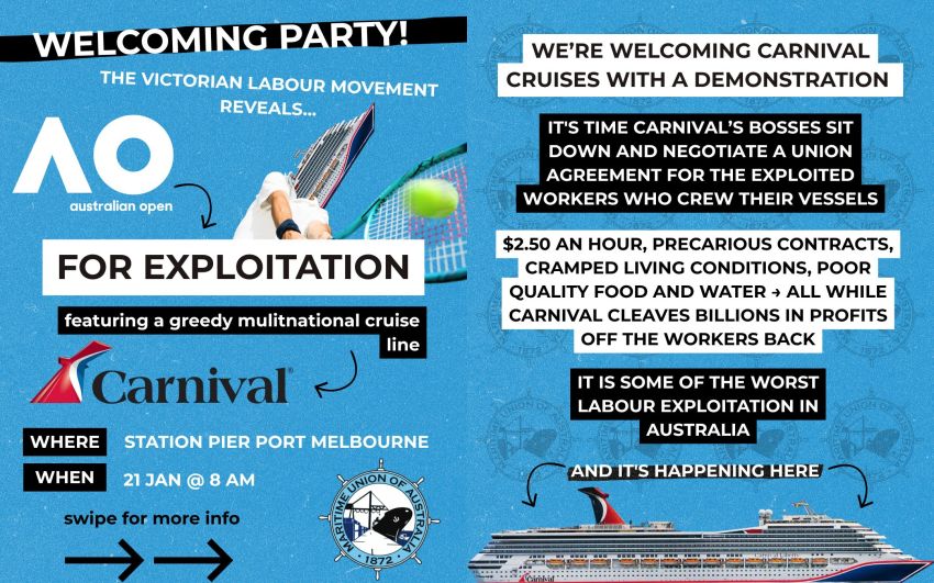 Graphic for protest event Carnival Cruise Welcoming Party! 8am 21/01/2026 Station Pier Port Melbourne