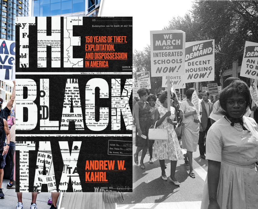 Black Tax book cover against photos of Black rights protests