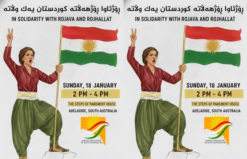 Graphic for event: In Solidarity With Rojava and Rojhallat, 2pm-4pm 18/01/2026 Parliament House steps, North Terrace, Tarntanya (Adelaide)