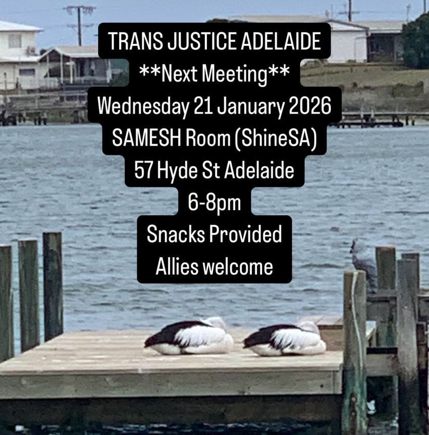 Graphic for event, Trans Justice Adelaide Meeting, 6pm-8pm 21/01/2026 Hyde St Tarntanya/Adelaide
