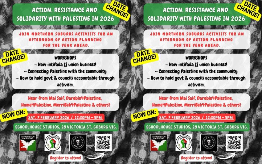 Graphic for event Action, Resistance and Solidarity with Palestine in 2026, 12:30pm-5pm 07/02/2026 Schoolhouse Studios, Coburg